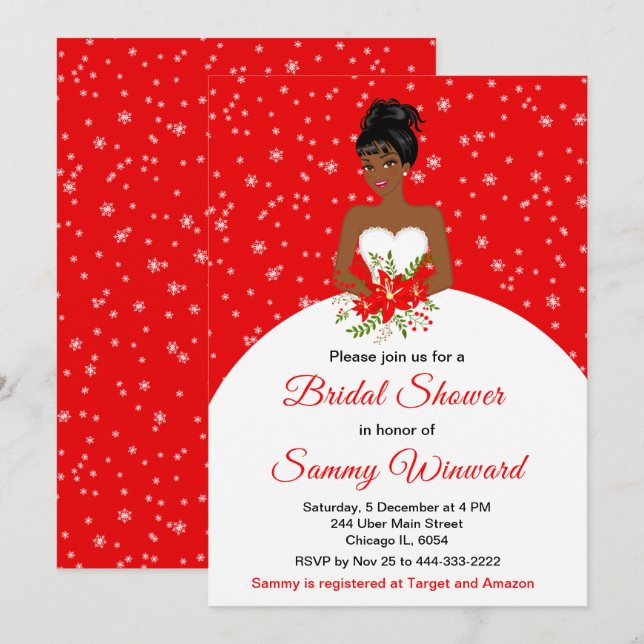 Dark Skin Bride Snowflake Red Bridal Shower Invitation (Front/Back)