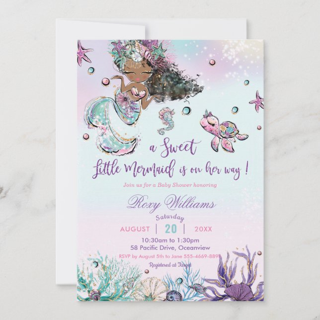 Dark Skin Mermaid Baby Shower Under the Sea Girl Invitation (Front)
