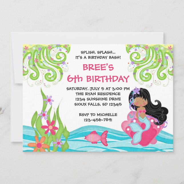 Dark Skin Mermaid Birthday Invitations (Front)