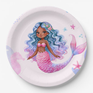 Dark Skin Mermaid With Pink and Purple Paper Plate