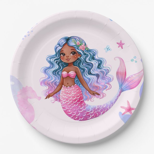 Dark Skin Mermaid With Pink and Purple Paper Plate (Front)
