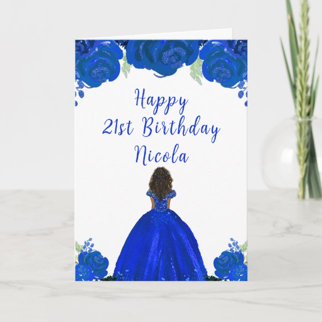 Dark Skin Princess Blue Floral Birthday Party Card (Front)