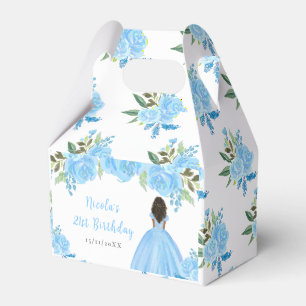 Dark Skin Princess Blue Floral Birthday Party Favour Box