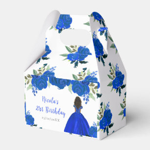 Dark Skin Princess Blue Floral Birthday Party Favour Box