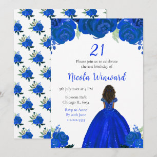 Dark Skin Princess Blue Floral Birthday Party Invitation