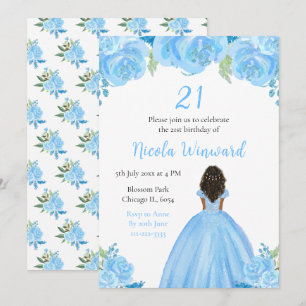 Dark Skin Princess Blue Floral Birthday Party Invitation
