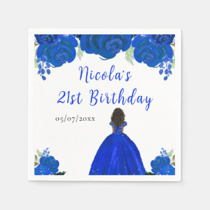 Dark Skin Princess Blue Floral Birthday Party Napkin