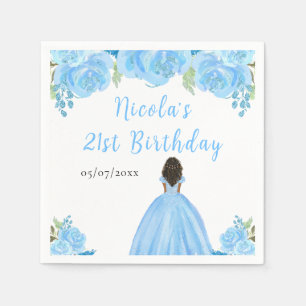 Dark Skin Princess Blue Floral Birthday Party Napkin