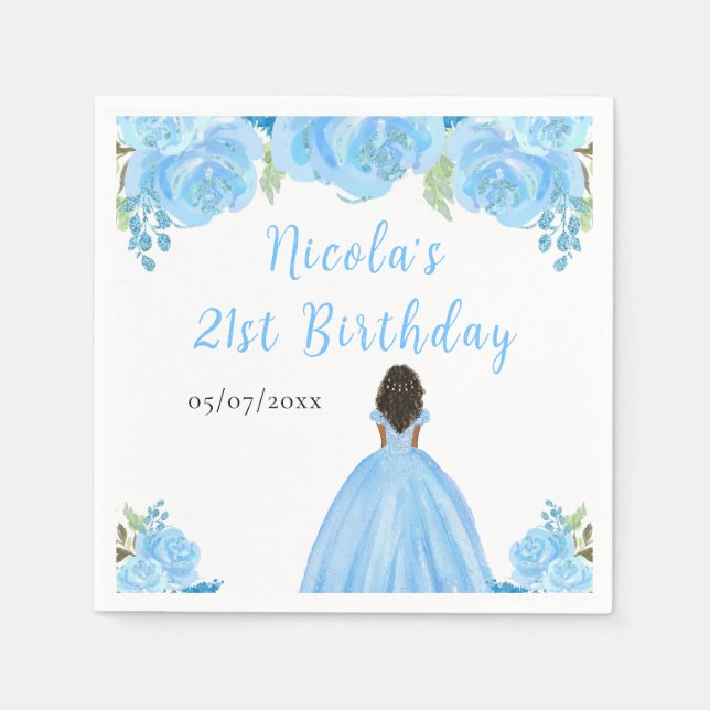 Dark Skin Princess Blue Floral Birthday Party Napkin (Front)