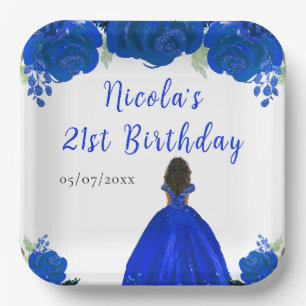 Dark Skin Princess Blue Floral Birthday Party Paper Plate