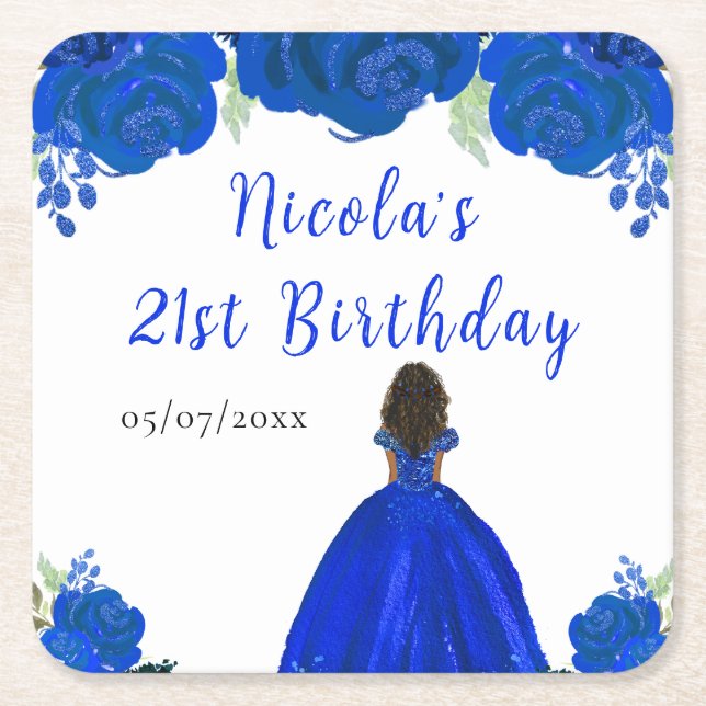 Dark Skin Princess Blue Floral Birthday Party Square Paper Coaster (Front)