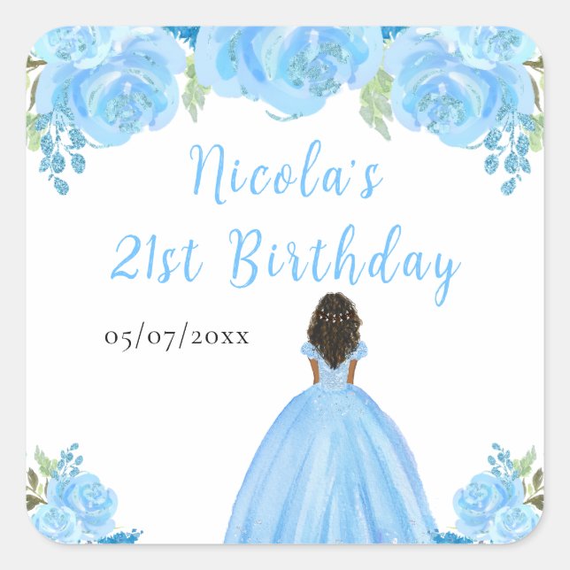 Dark Skin Princess Blue Floral Birthday Party Square Sticker (Front)