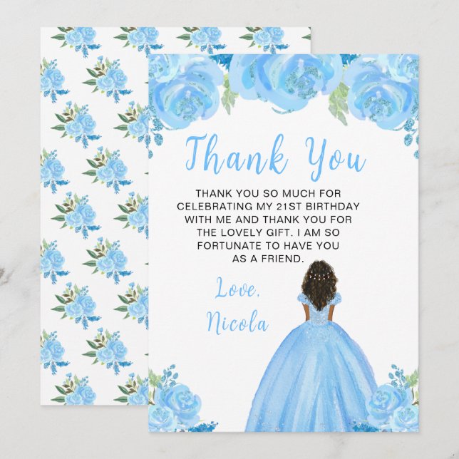 Dark Skin Princess Blue Floral Birthday Party Thank You Card (Front/Back)