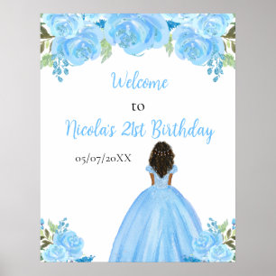 Dark Skin Princess Blue Floral Birthday Welcome Poster
