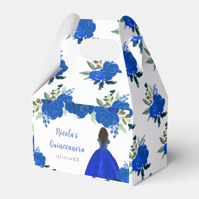 Dark Skin Princess Blue Floral Quinceanera Favour Box (Front Side)