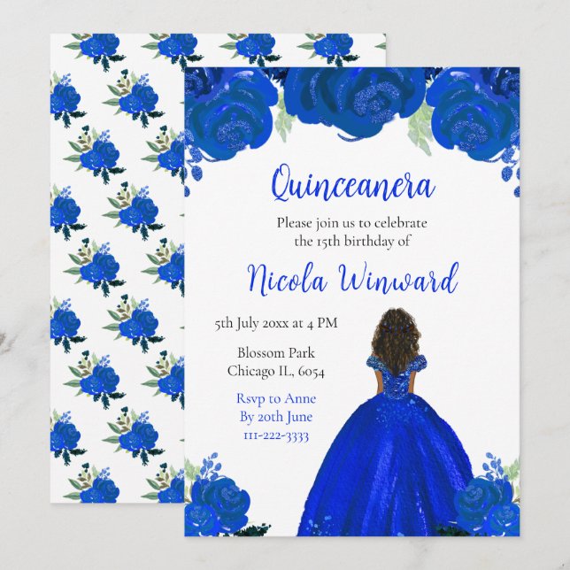 Dark Skin Princess Blue Floral Quinceanera Invitation (Front/Back)