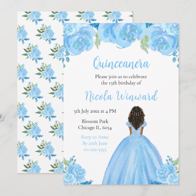 Dark Skin Princess Blue Floral Quinceanera Invitation (Front/Back)