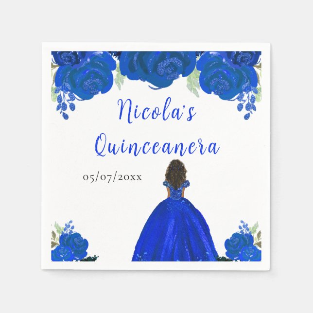 Dark Skin Princess Blue Floral Quinceanera Napkin (Front)