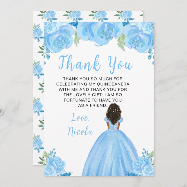 Dark Skin Princess Blue Floral Quinceanera Thank You Card (Front/Back)