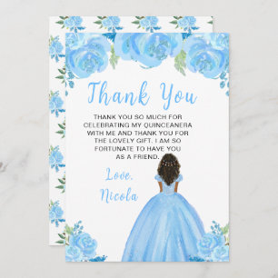 Dark Skin Princess Blue Floral Quinceanera Thank You Card