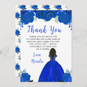 Dark Skin Princess Blue Floral Quinceanera Thank You Card