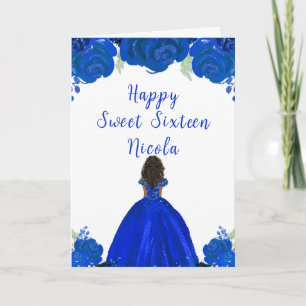 Dark Skin Princess Blue Floral Sweet Sixteen Card