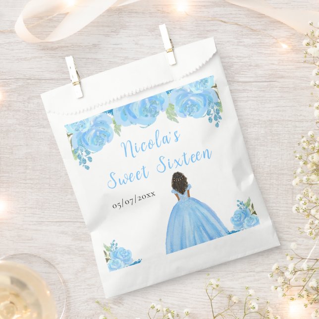 Dark Skin Princess Blue Floral Sweet Sixteen Favour Bags (Clipped)