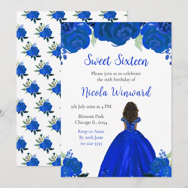 Dark Skin Princess Blue Floral Sweet Sixteen Invitation (Front/Back)