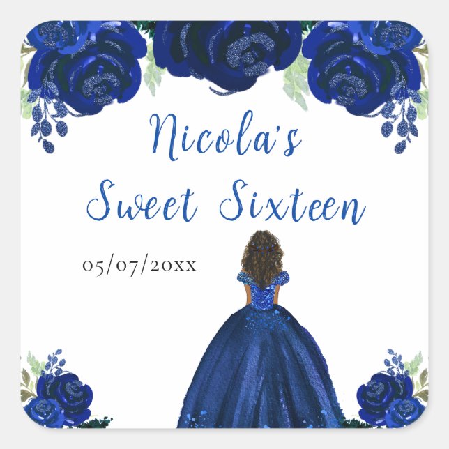 Dark Skin Princess Blue Floral Sweet Sixteen Square Sticker (Front)