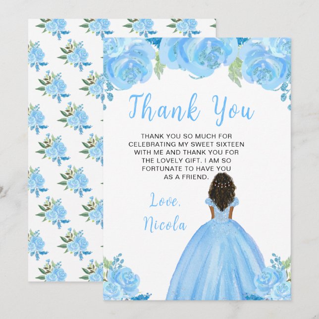 Dark Skin Princess Blue Floral Sweet Sixteen Thank You Card (Front/Back)