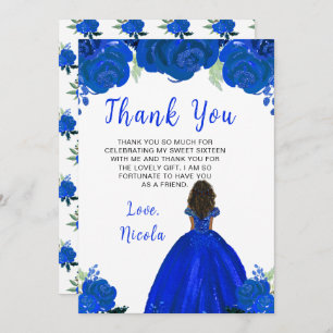 Dark Skin Princess Blue Floral Sweet Sixteen Thank You Card