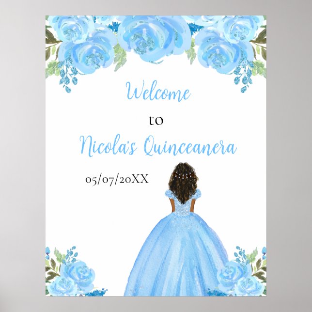 Dark Skin Princess Blue Quinceanera Welcome Poster (Front)