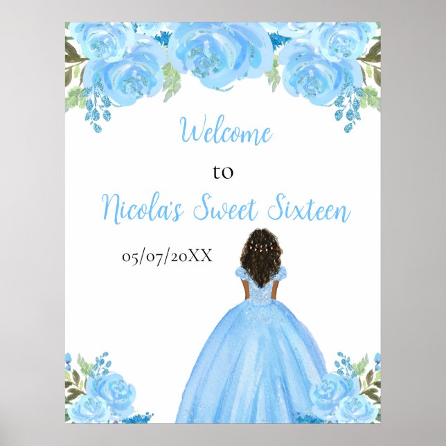 Dark Skin Princess Blue Sweet Sixteen Welcome Poster (Front)