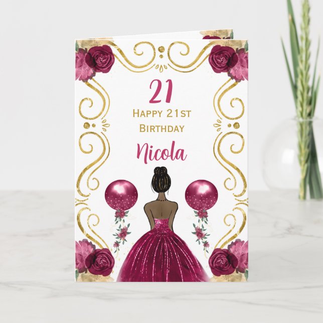 Dark Skin Princess Burgundy Happy Birthday Card (Front)