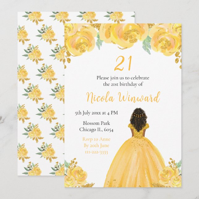 Dark Skin Princess Gold Floral Birthday Party Invitation (Front/Back)