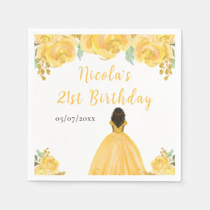 Dark Skin Princess Gold Floral Birthday Party Napkin