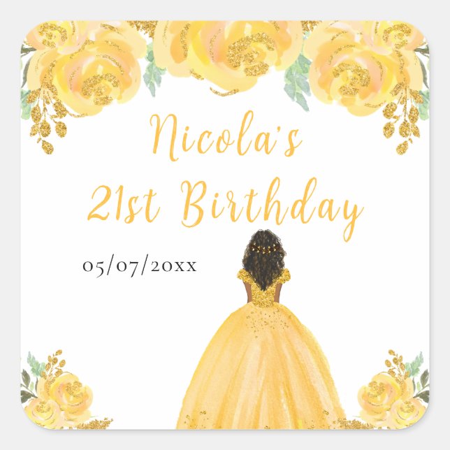 Dark Skin Princess Gold Floral Birthday Party Square Sticker (Front)