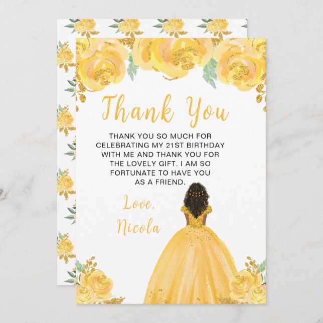 Dark Skin Princess Gold Floral Birthday Party Thank You Card (Front/Back)