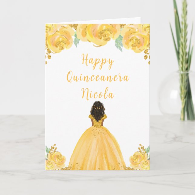 Dark Skin Princess Gold Floral Quinceanera Card (Front)