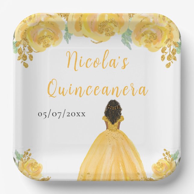 Dark Skin Princess Gold Floral Quinceanera Paper Plate (Front)