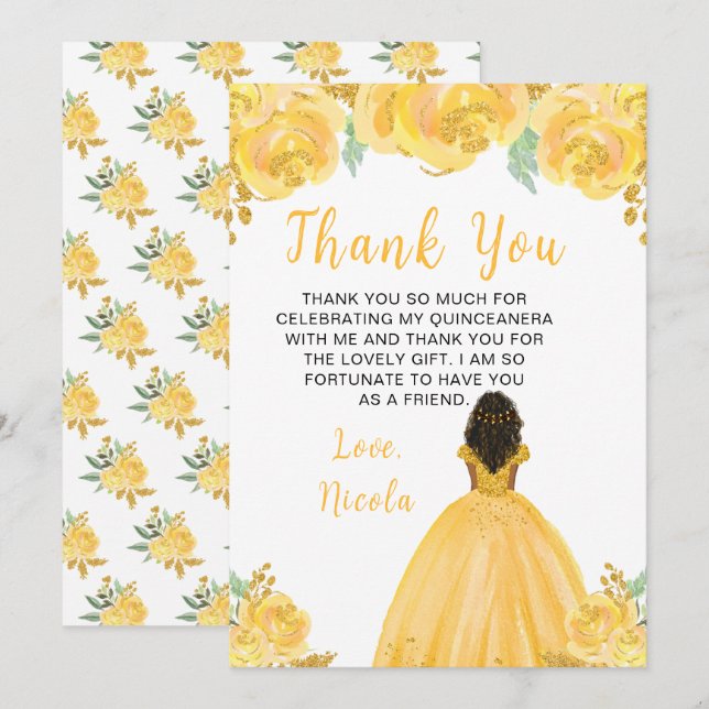 Dark Skin Princess Gold Floral Quinceanera Thank You Card (Front/Back)