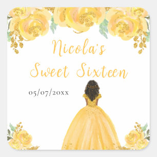 Dark Skin Princess Gold Floral Sweet Sixteen Square Sticker