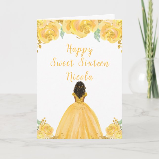 Dark Skin Princess Gold Sweet Sixteen Card (Front)