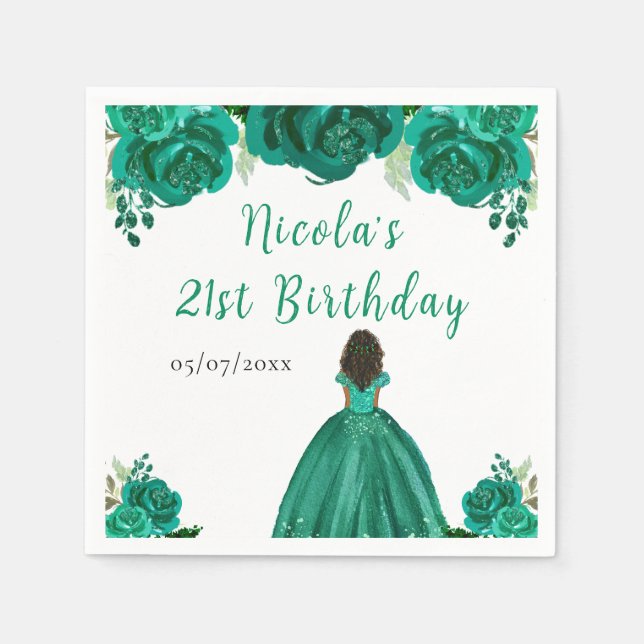 Dark Skin Princess Green Floral Birthday Party Napkin (Front)