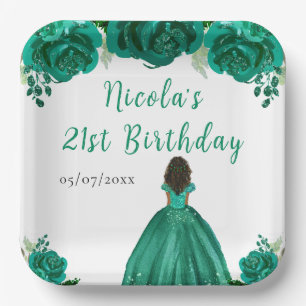 Dark Skin Princess Green Floral Birthday Party Paper Plate