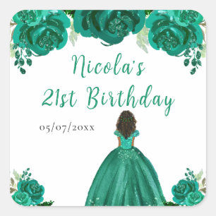 Dark Skin Princess Green Floral Birthday Party Square Sticker