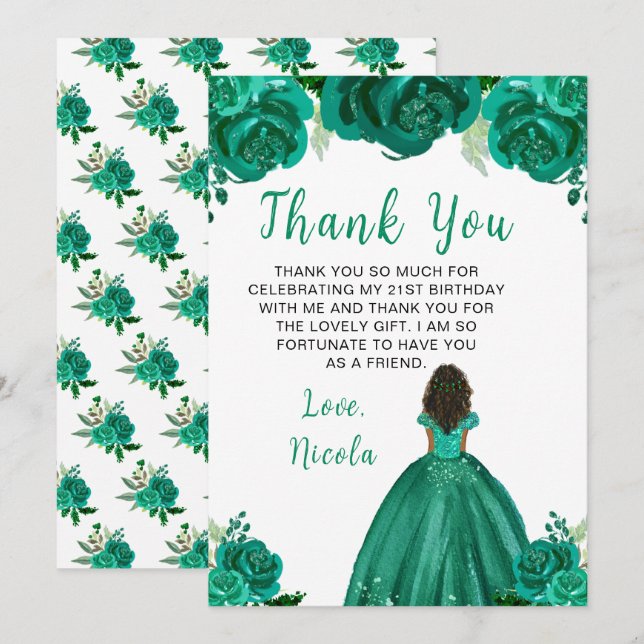 Dark Skin Princess Green Floral Birthday Party Thank You Card (Front/Back)