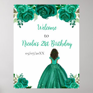 Dark Skin Princess Green Floral Birthday Welcome Poster