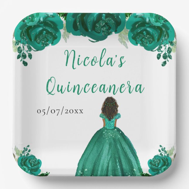 Dark Skin Princess Green Floral Quinceanera Paper Plate (Front)