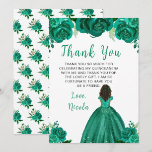 Dark Skin Princess Green Floral Quinceanera Thank You Card
